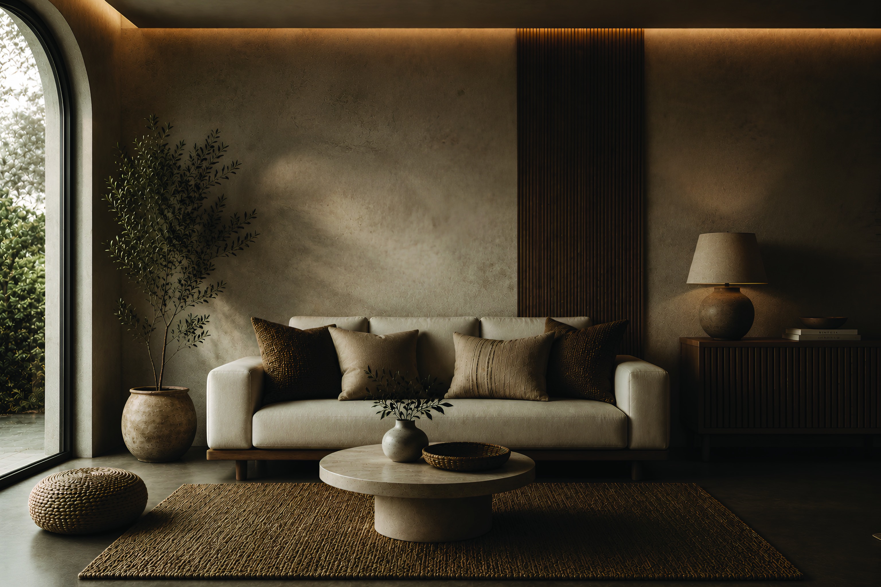 Natural woven rug and coir furnishings in a thoughtfully styled living room